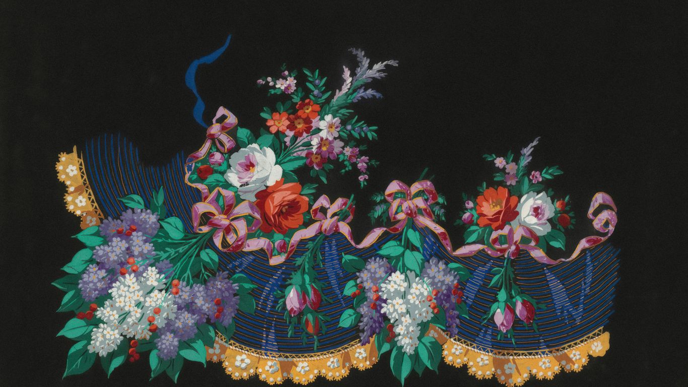 a painting of flowers and ribbons on a black background