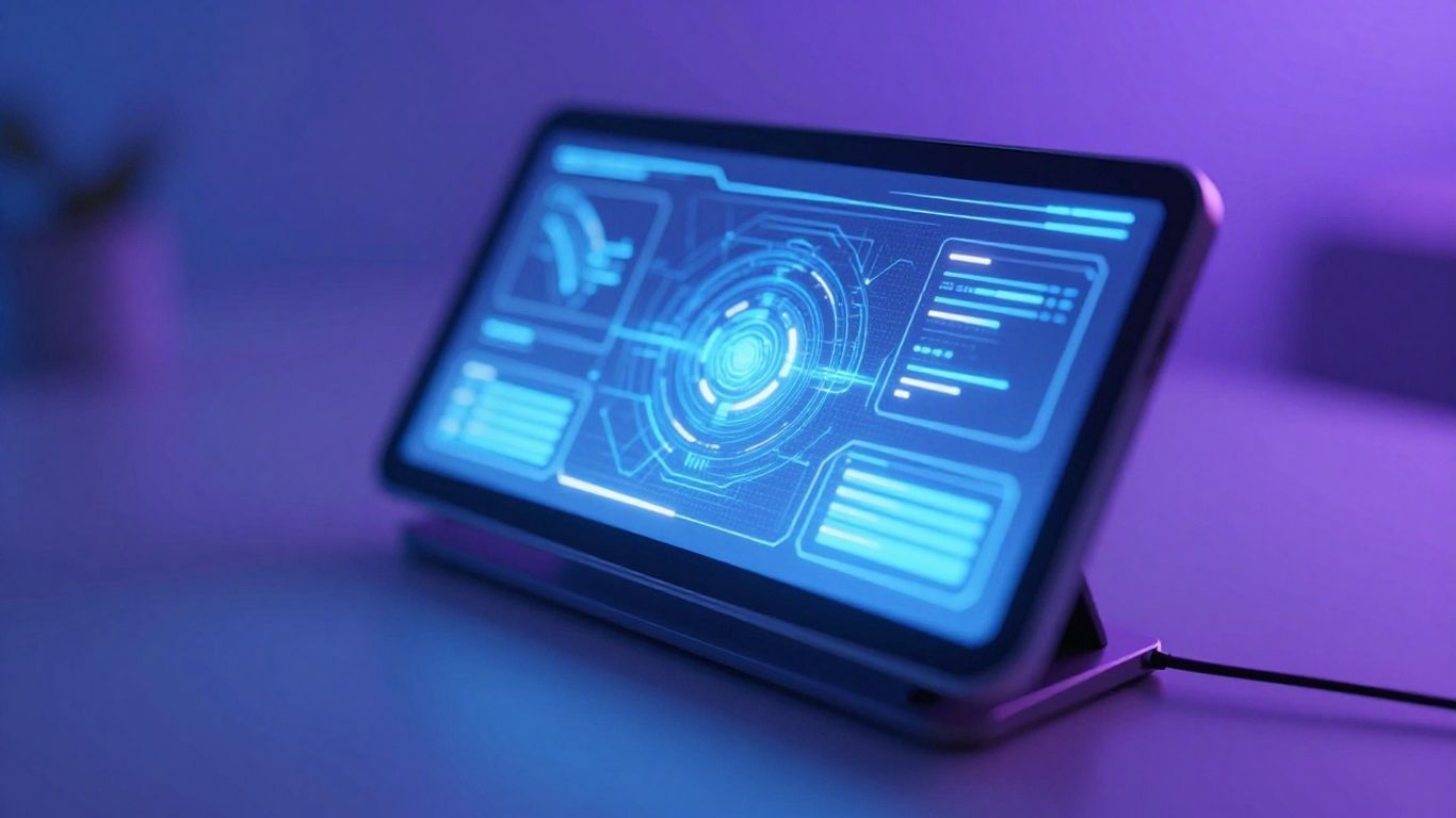 Interface IA moderne et futuriste avec des lumières bleues et blanches.