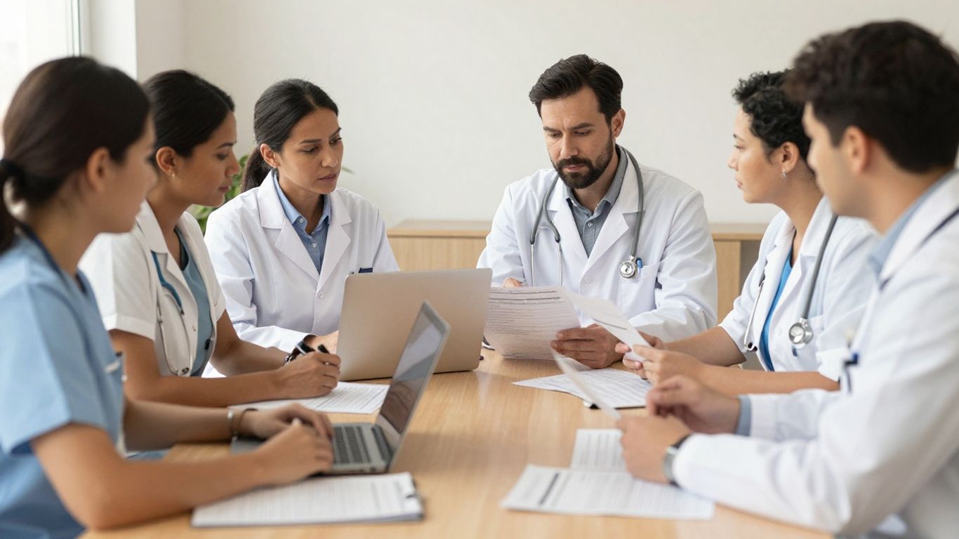 Healthcare professionals reviewing referral documents together