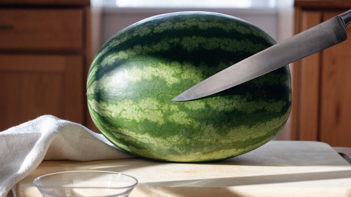 Whole watermelon being halved on a pale maple cutting board