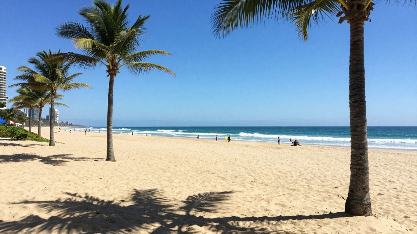 Gold Coast beach with palm trees and ocean waves.