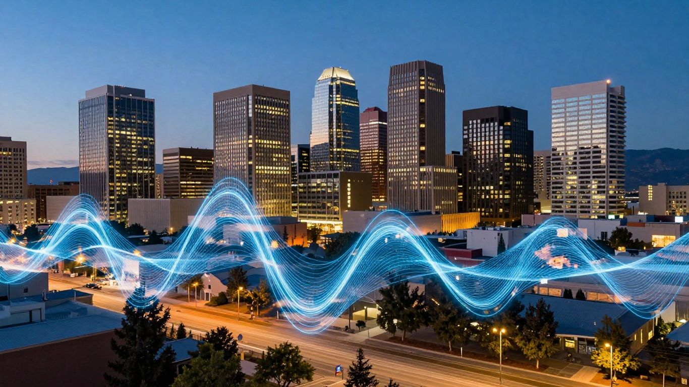Salt Lake City skyline with digital wave