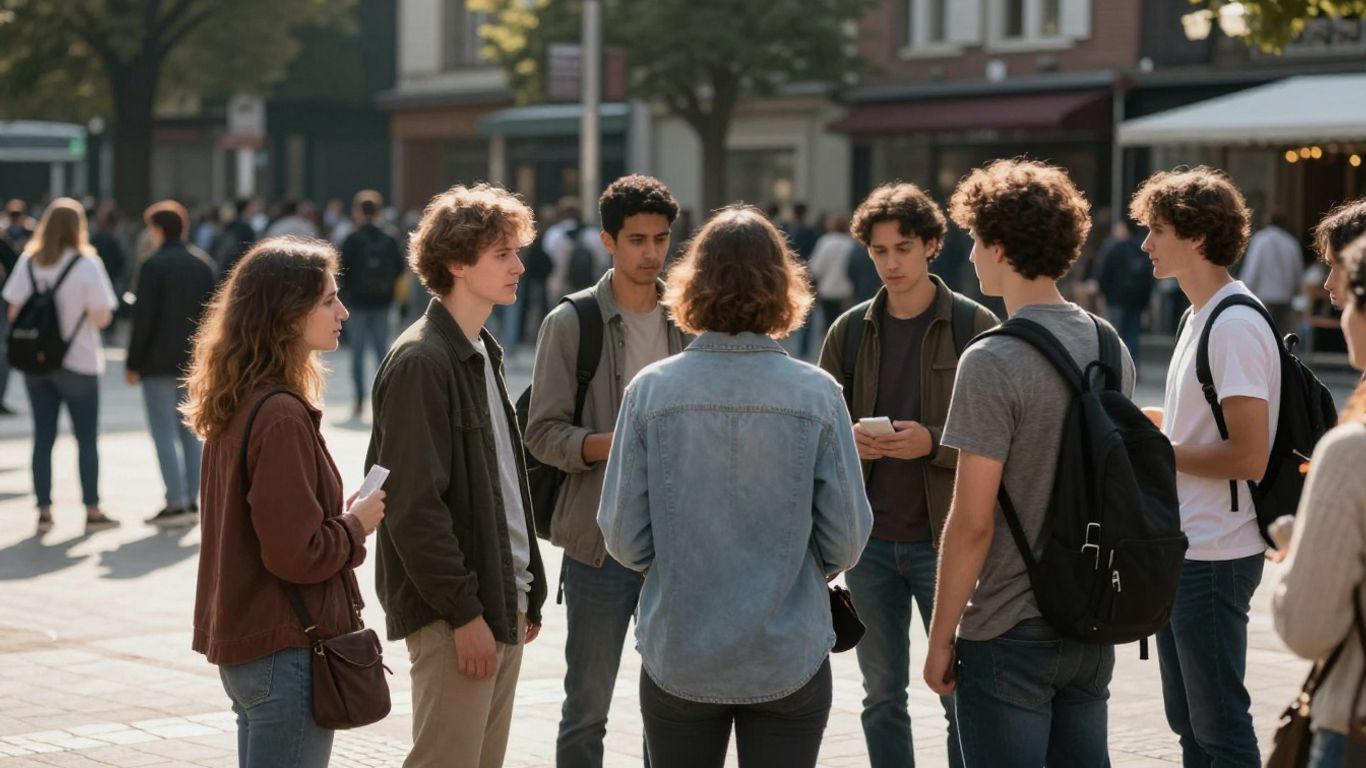 Oameni interacționând în spațiul public, lege și societate.