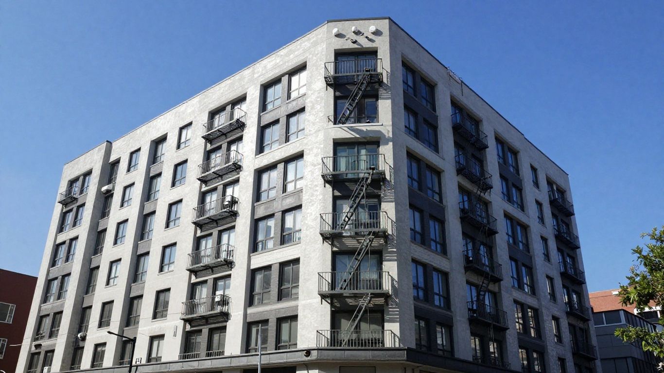 Modern apartment building fire safety systems visible