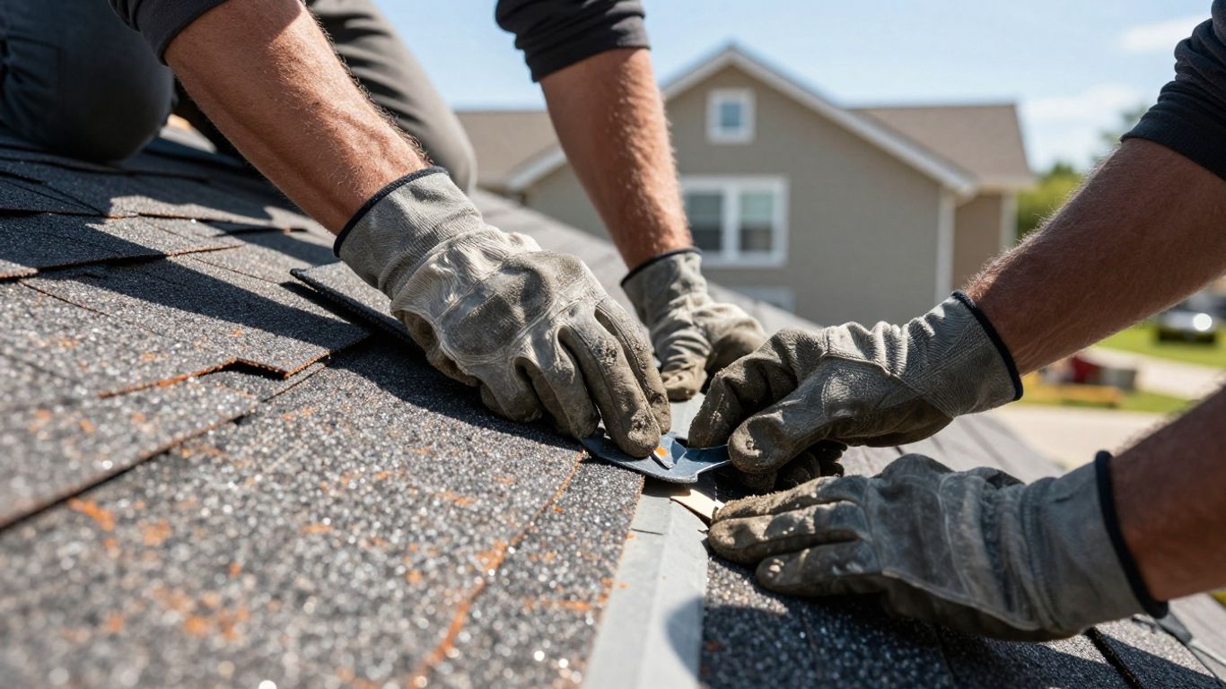Roofer installing shingles on a house roof.