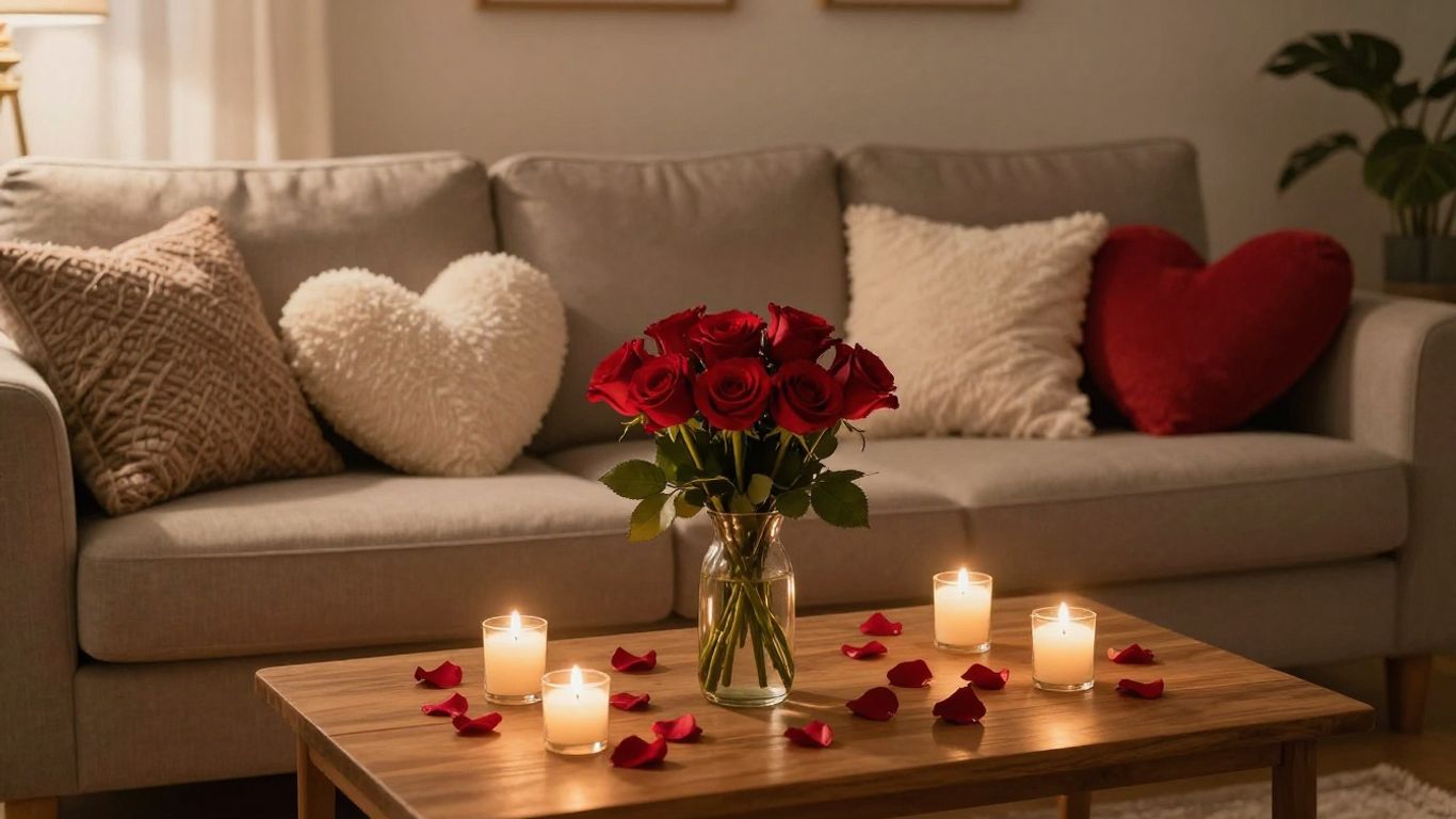 Romantic Valentine's Day living room decor with candles and roses.