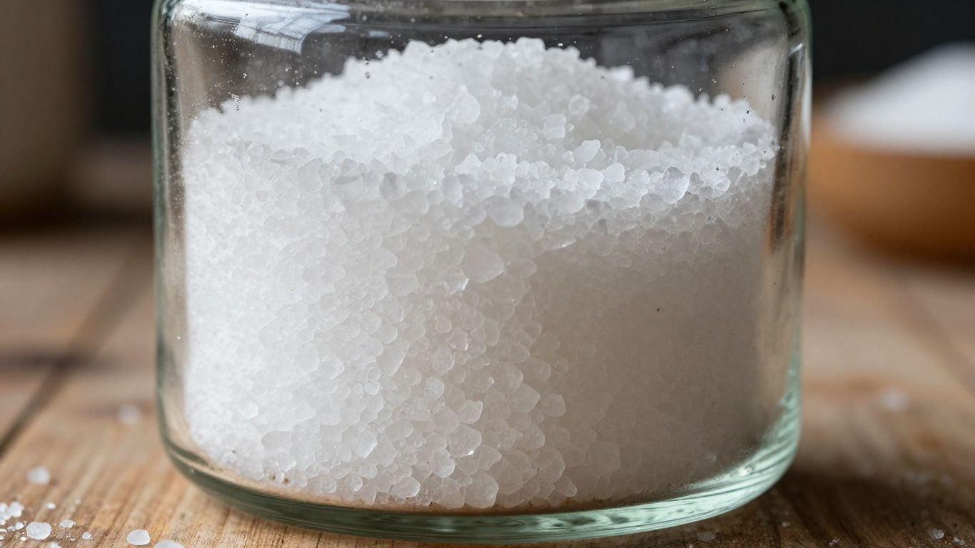 Jar of non-iodized salt on a wooden table.
