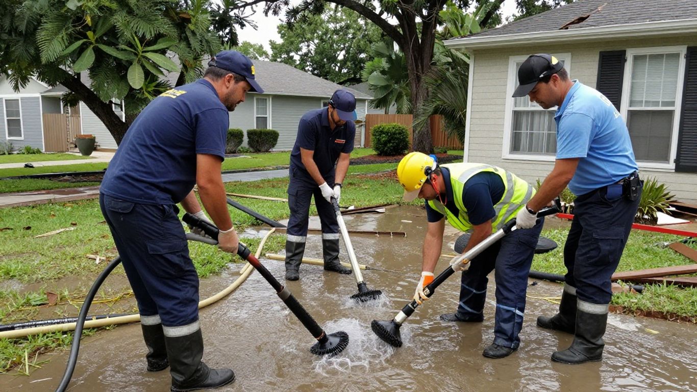 Water damage restoration team working in a flooded home.