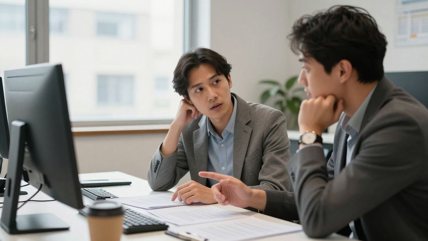 Colleagues discussing work across a table