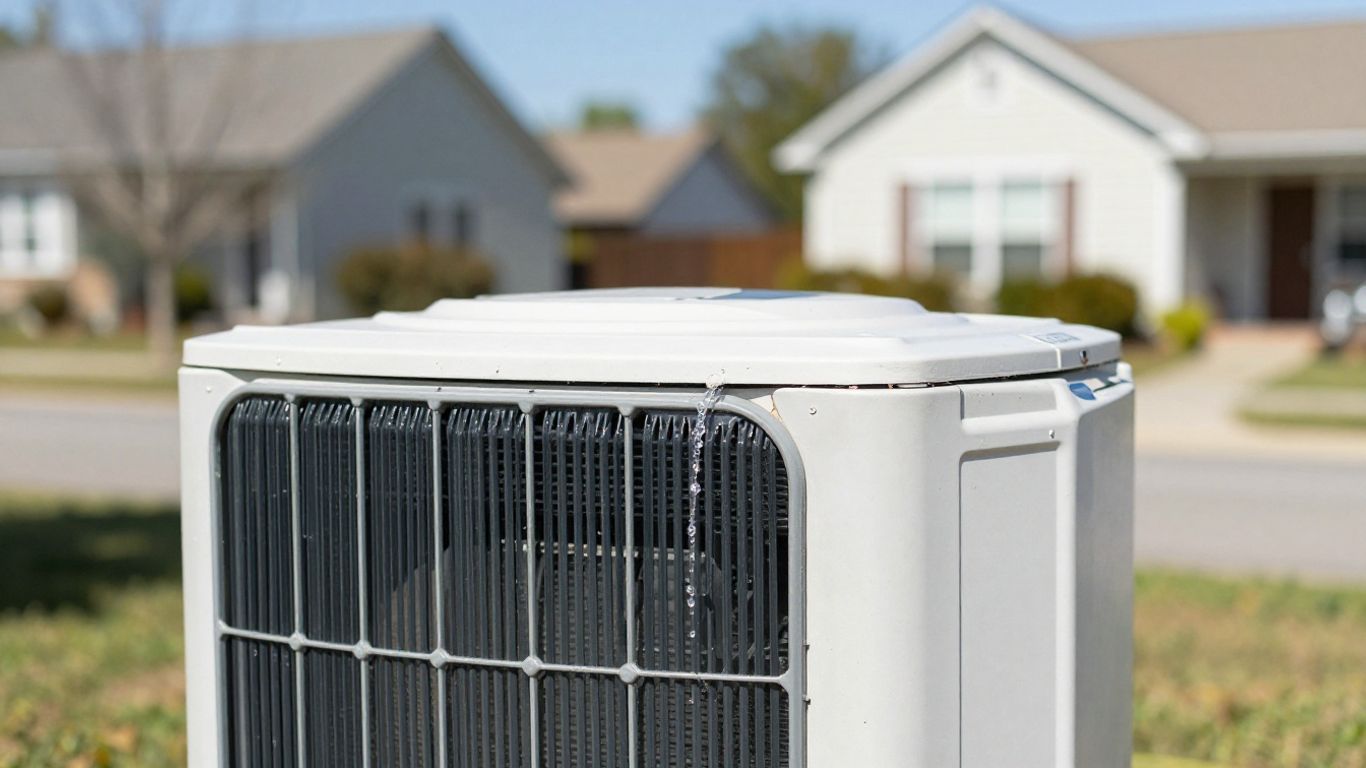 Bryant air conditioner unit with condensation, outdoor setting.