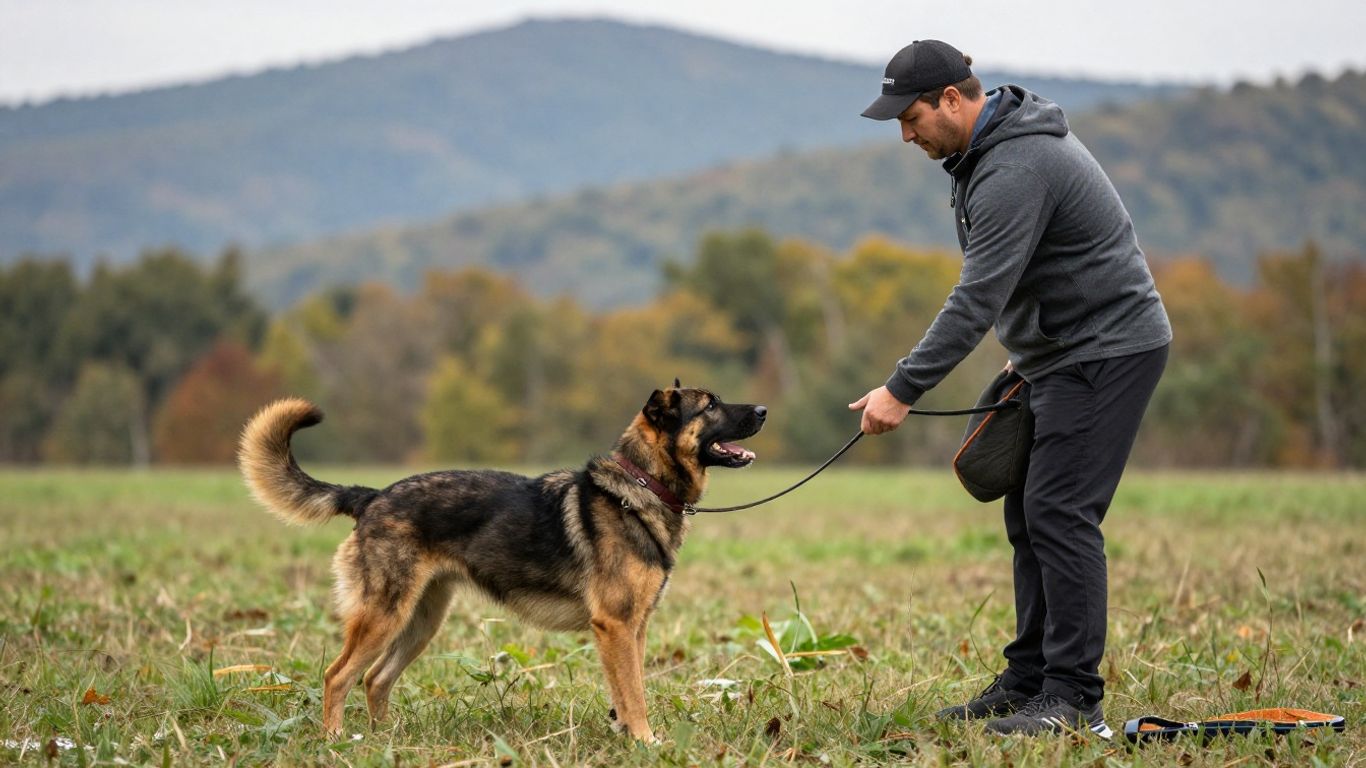 Dog trainer and dog practicing skills outdoors.
