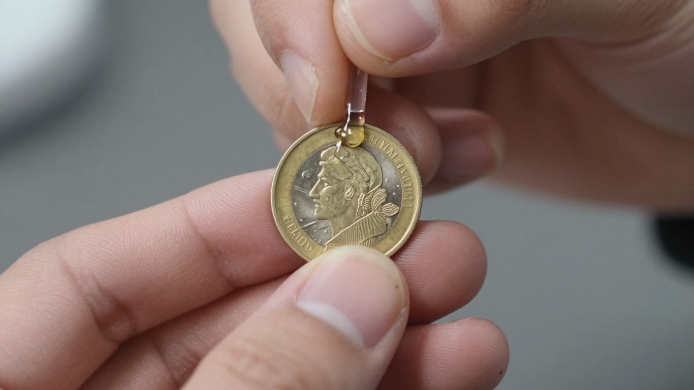 Testing gold coin with acid close-up.