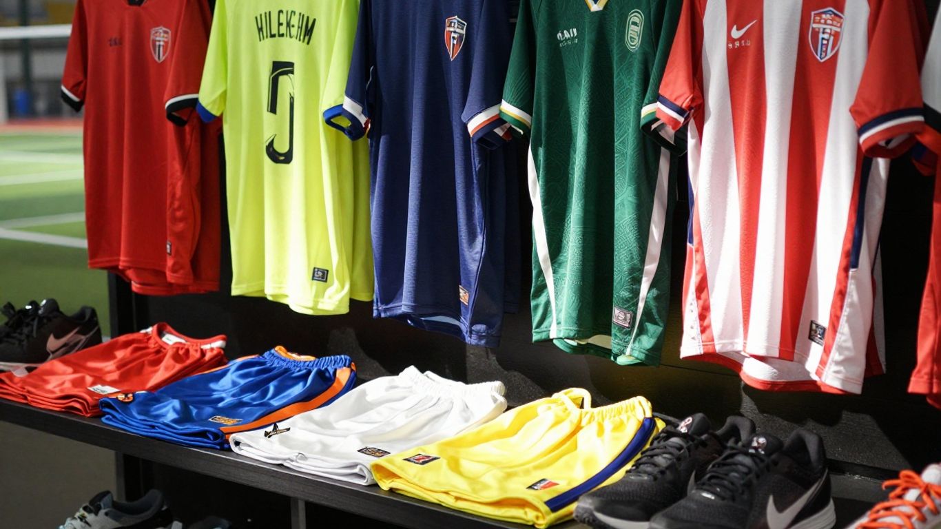 Sports clothes sale: jerseys, shorts, sneakers on display.