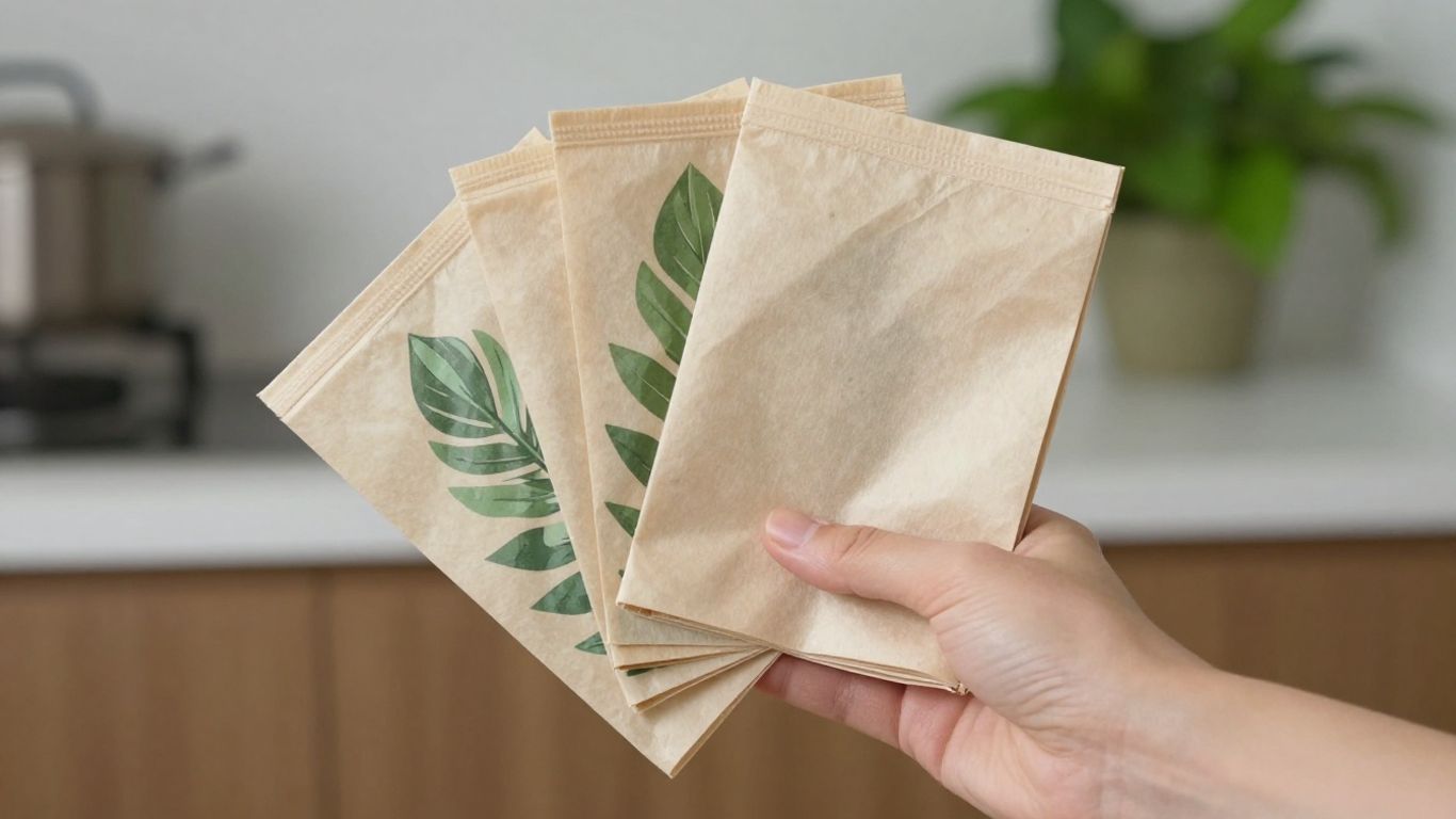 Compostable food bin bags on a kitchen counter.