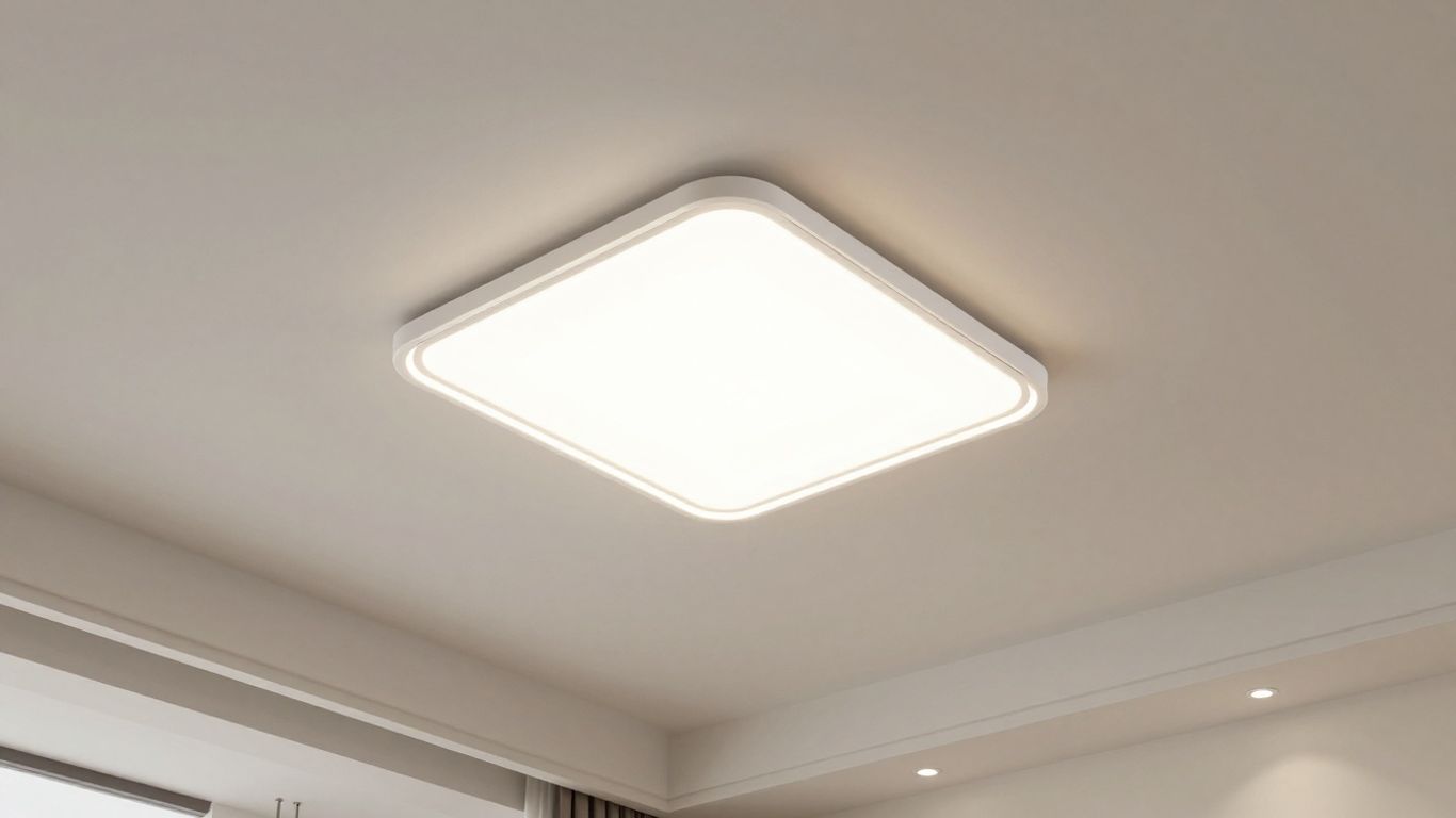 Modern flush light fitting illuminating a bright room.