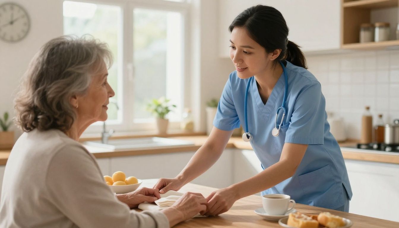 A compassionate home care aide assists an older woman with her morning routine in a bright, sunlit kitchen, showing a moment of supportive care.