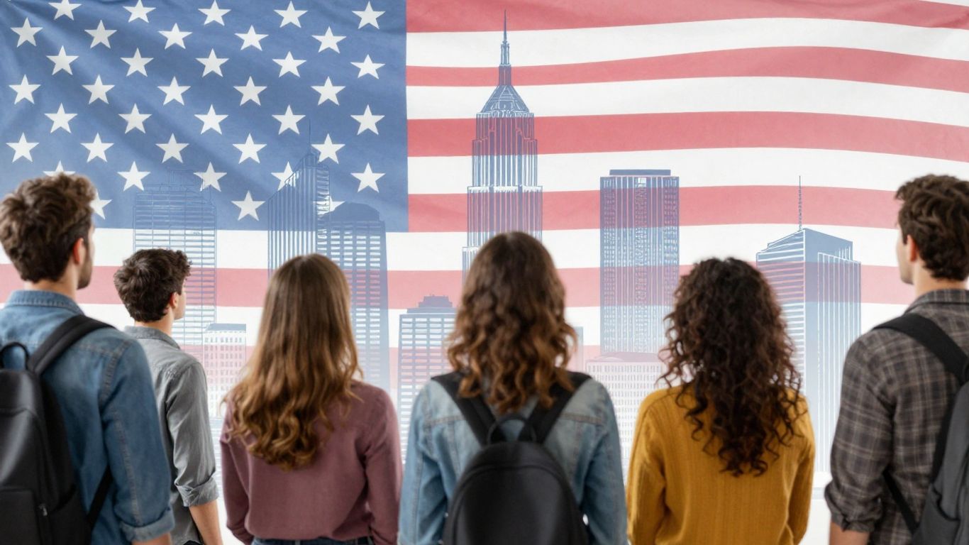 People looking at a cityscape, symbolizing immigration and opportunity.