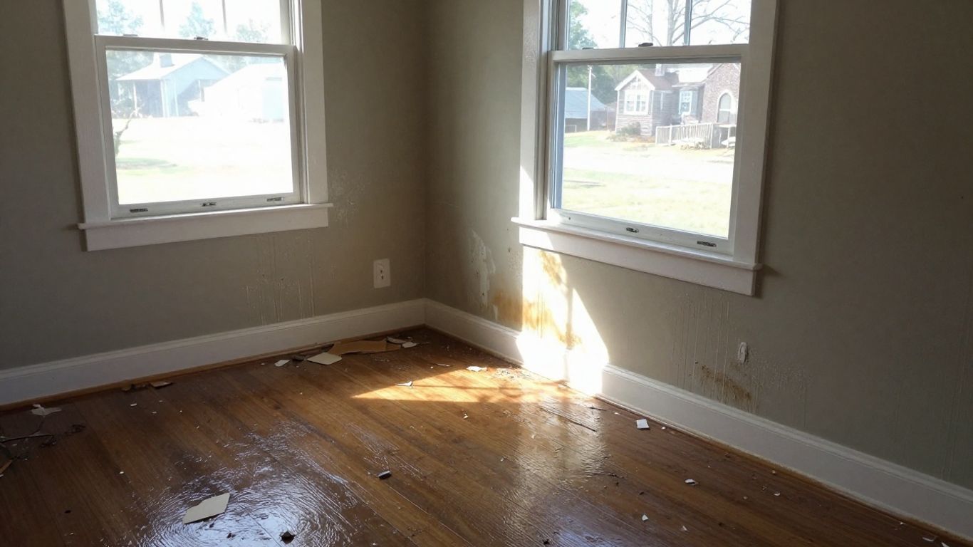 Dacula home interior with water damage and debris.