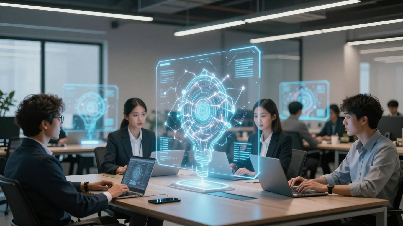Professionnels interagissant avec des interfaces d'IA holographiques dans un environnement d'entreprise moderne.