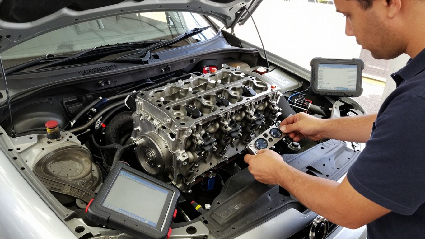 Mechanic comparing engine codes beside vehicle