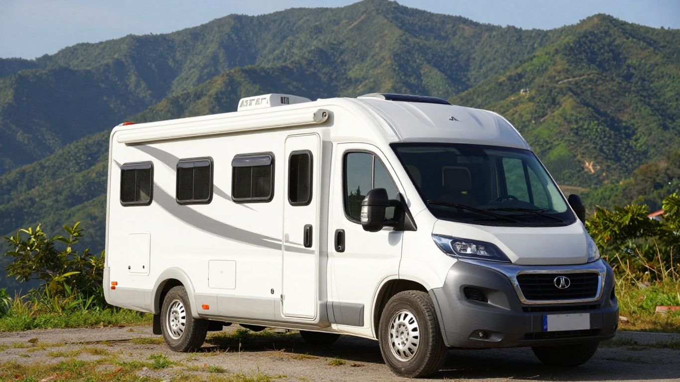 RV parked at scenic overlook with mountains.