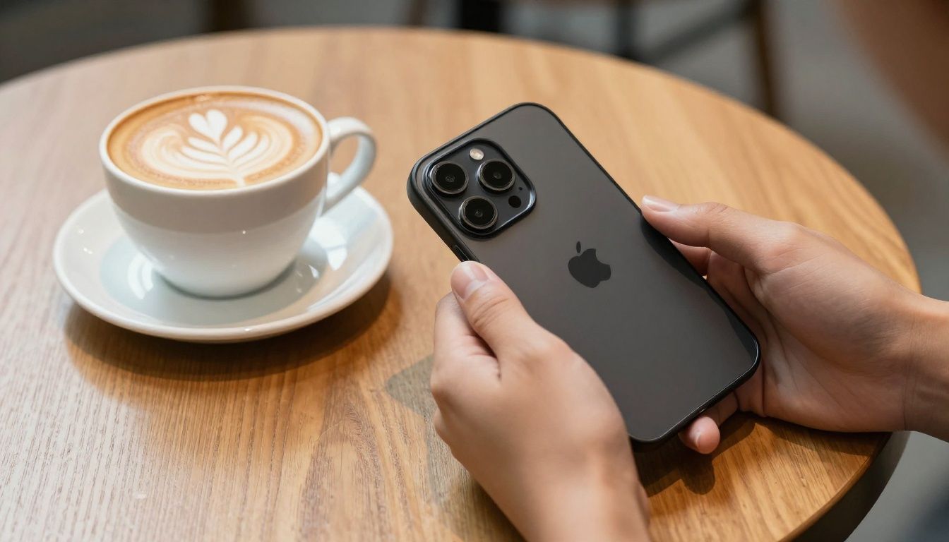 A person in a cafe placing their iPhone 16 Pro Max in a stylish case onto a wooden table next to a coffee.