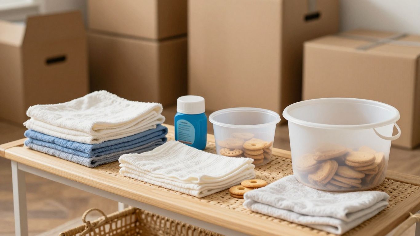 Practical essentials arranged in a woven housewarming hamper