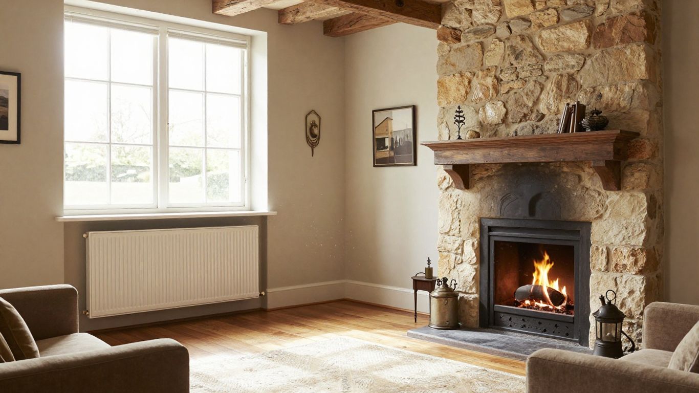 Chauffage dans une maison ancienne avec cheminée et radiateur.