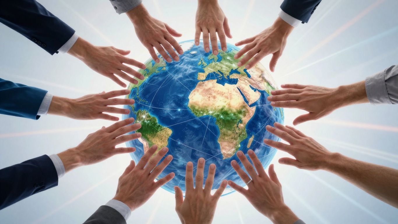Globo terráqueo con manos conectadas, expansión internacional.