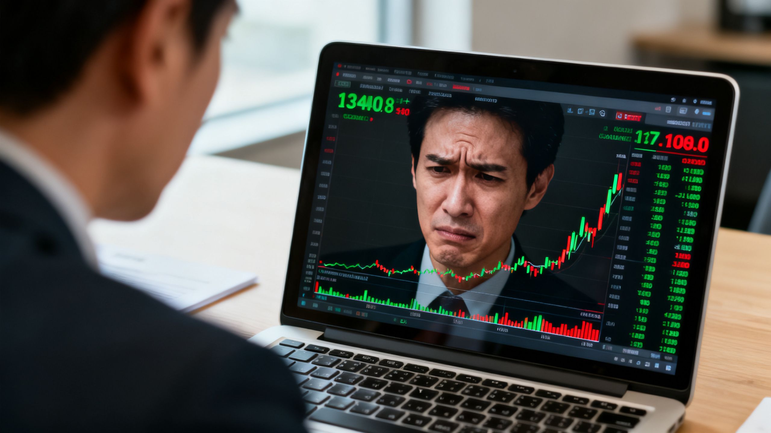 A retail CFD trader studying a trading platform as a tiny account balance grows into a much larger, emotionally consequential position, with contrasting calm and anxious expressions, realistic editorial finance style
