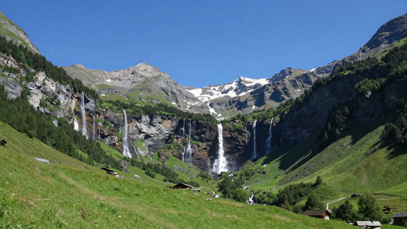 Lauterbrunnen Tal mit Wasserfällen und grünen Wiesen