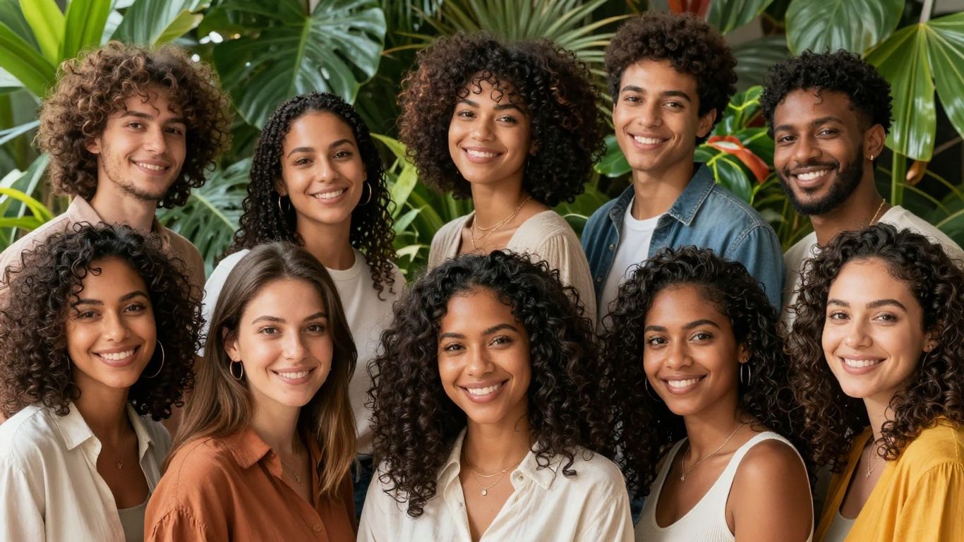 Diverse people with natural hair, surrounded by plants.