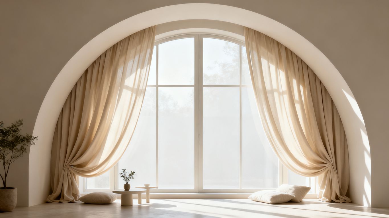 Arched window with elegant drapes and natural light.