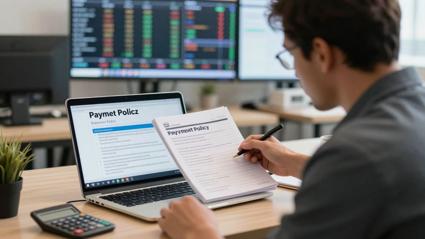 Trader reviewing a payout policy beside market screens