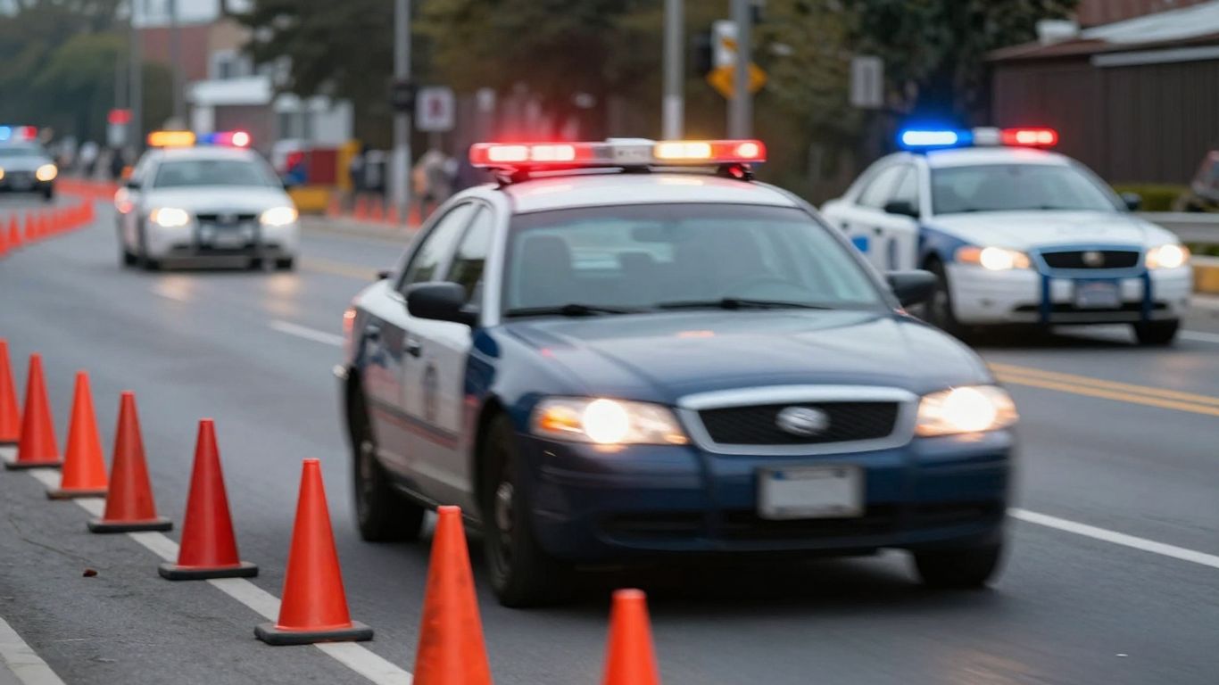 Car speeding through a construction zone with police presence.
