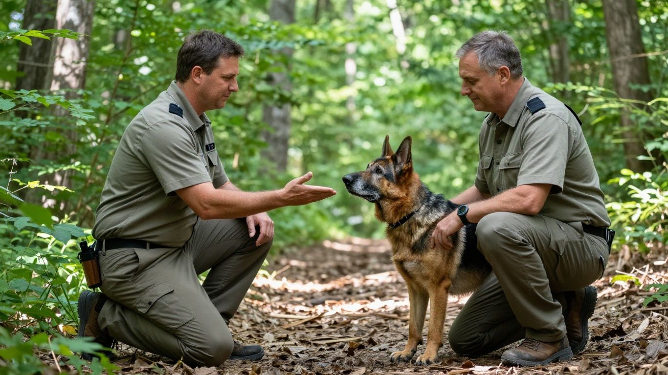 Senior dog training outdoors with handler in Tennessee.