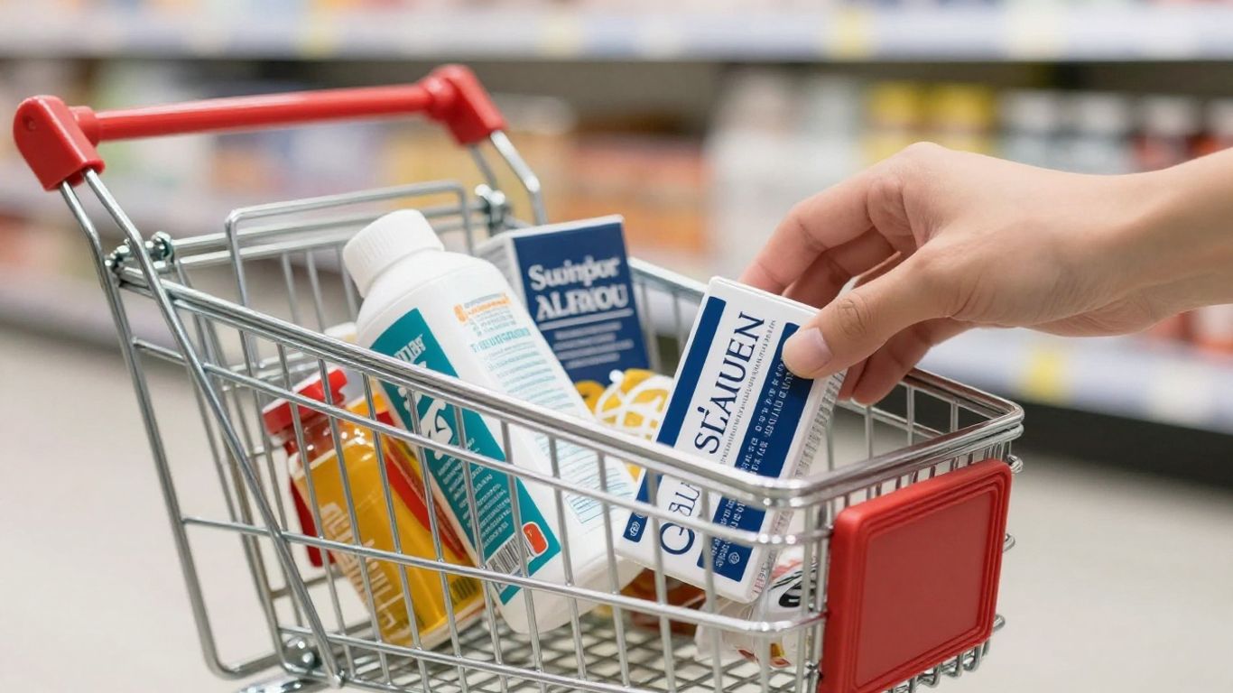 Shopping cart with items and a hand adding more.