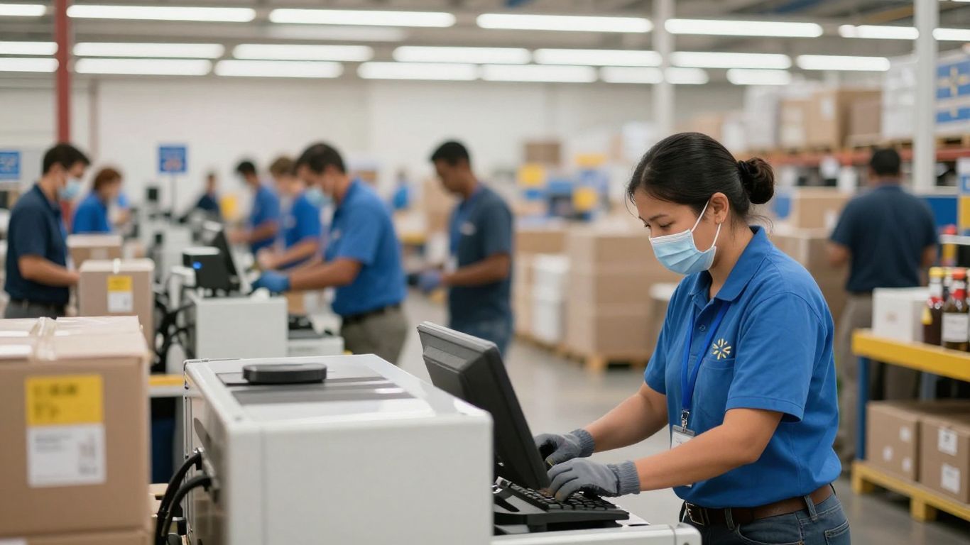 Walmart distribution center operations with blurred background.