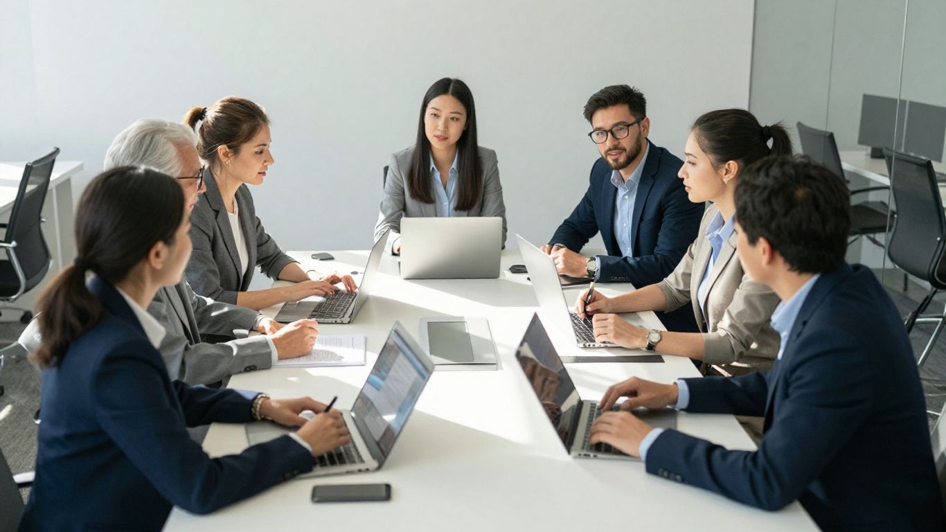 Professionals collaborating in a modern office setting.