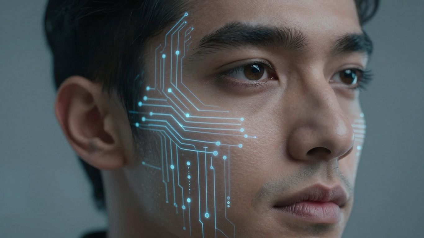 Human face with digital circuitry patterns integrated.