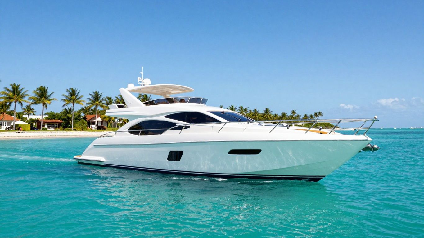 Luxury yacht sailing on Florida waters near palm-lined coast.