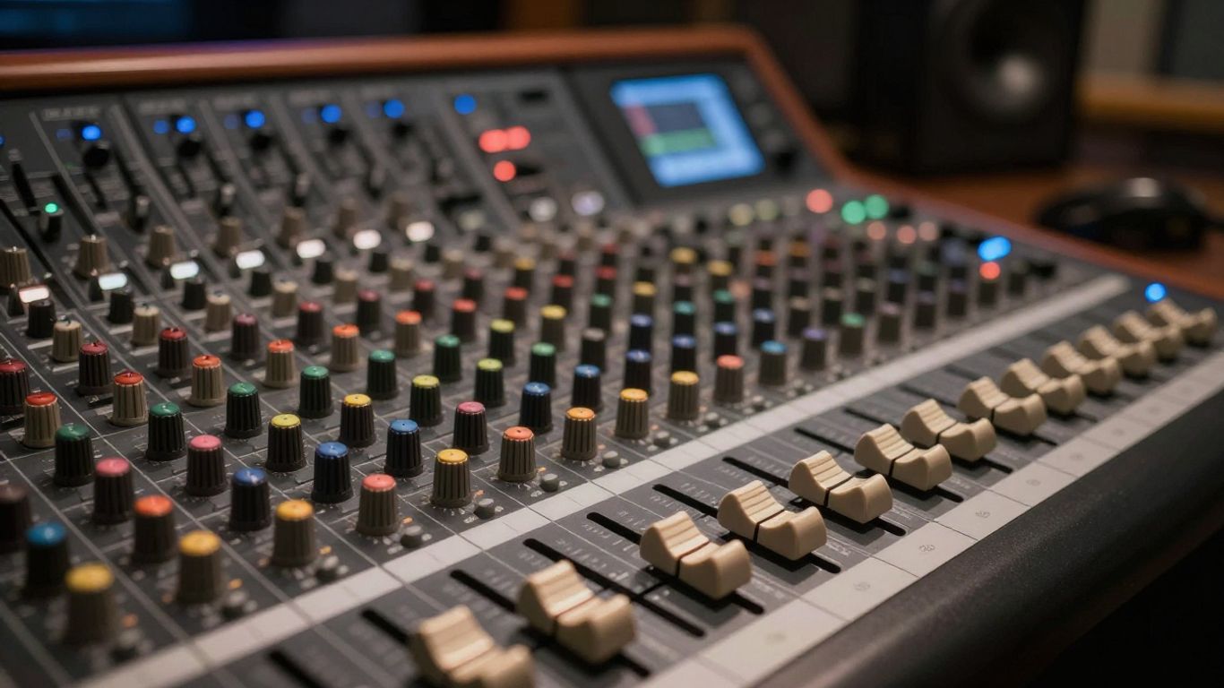 Audio mixing console with faders and knobs.