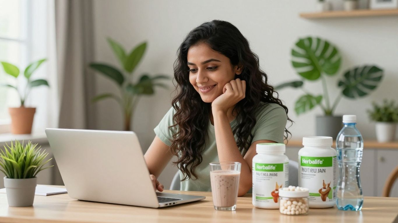 Indian woman with Herbalife products using laptop at home