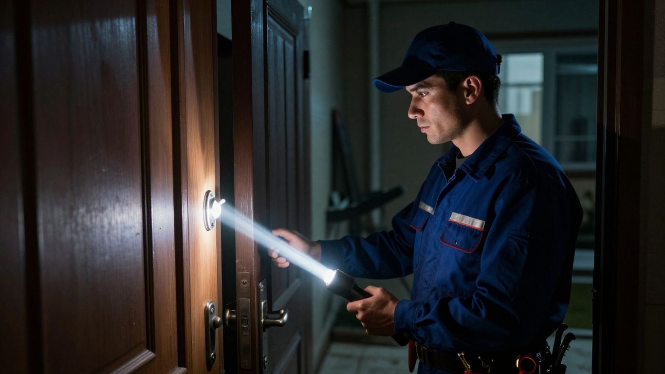 Locksmith working on a locked door at night.