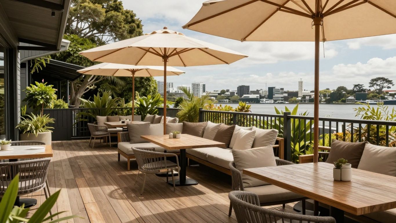 Outdoor dining and lounge furniture arranged on a sunny deck