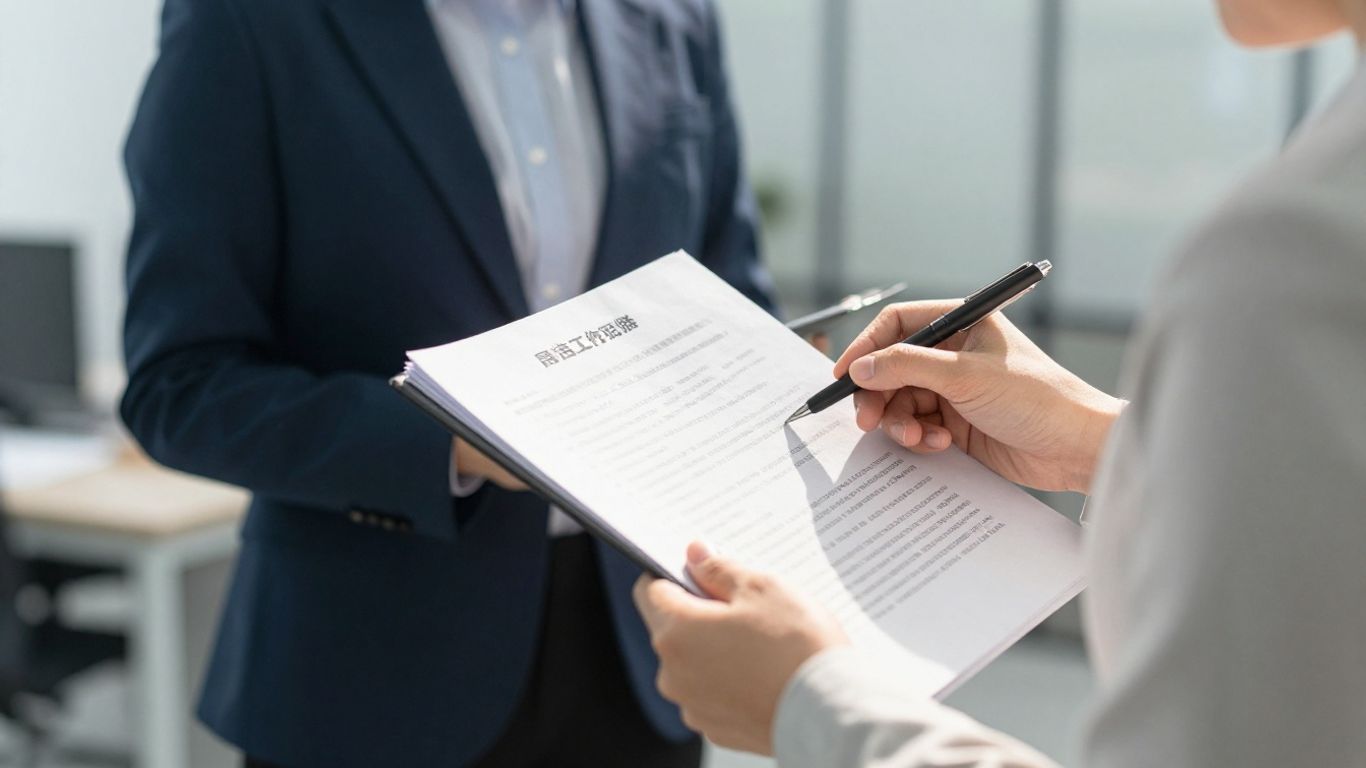 Business person reviewing qualification documents in an office.