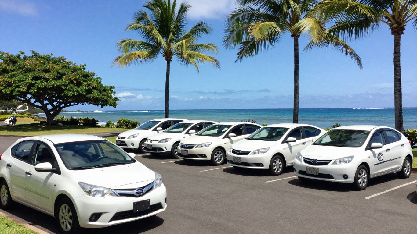 Rental cars at Kona Hawaii Airport with palm trees and ocean.