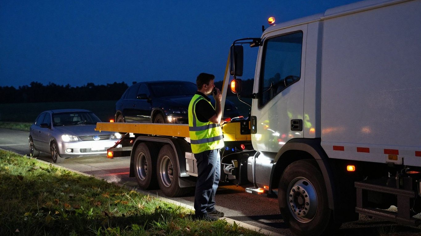Tow truck operator coordinating nighttime roadside vehicle towing