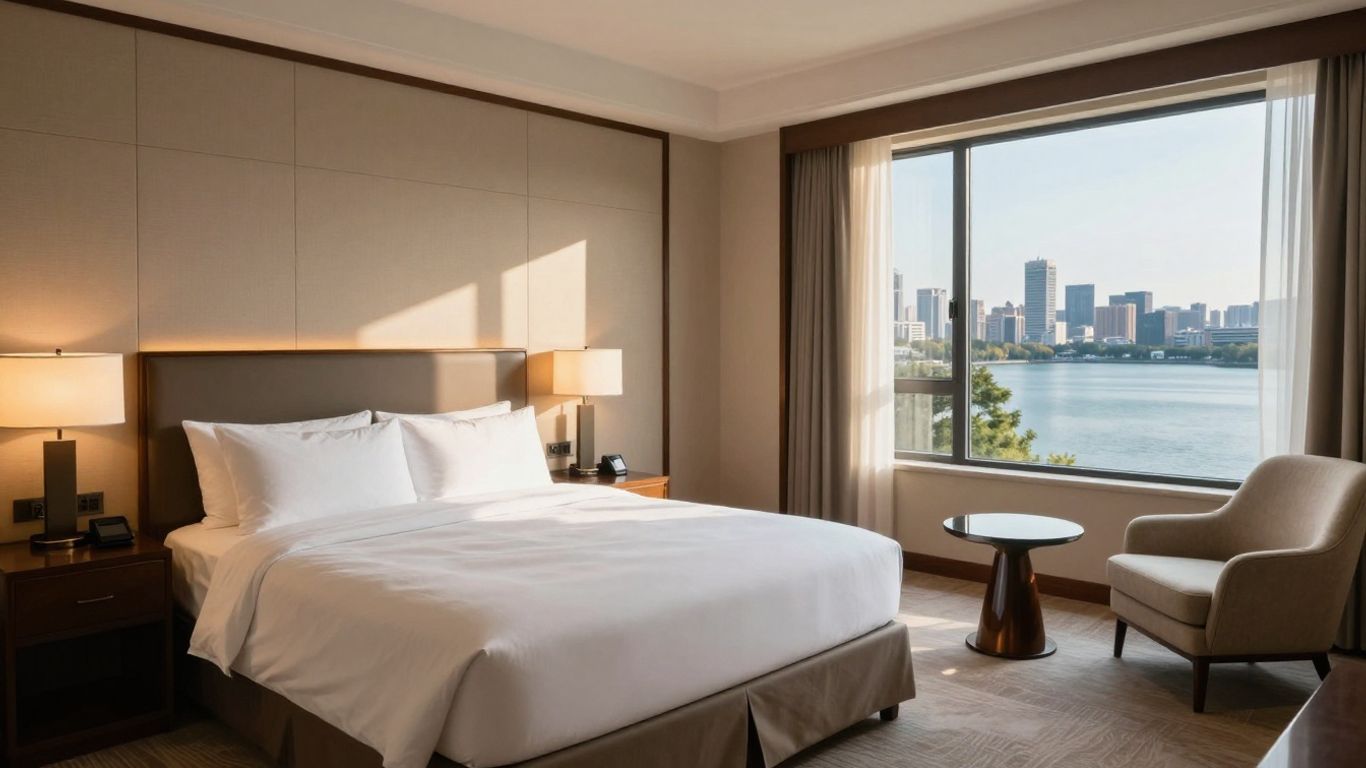 Sunlit hotel suite with elegant modern furnishings