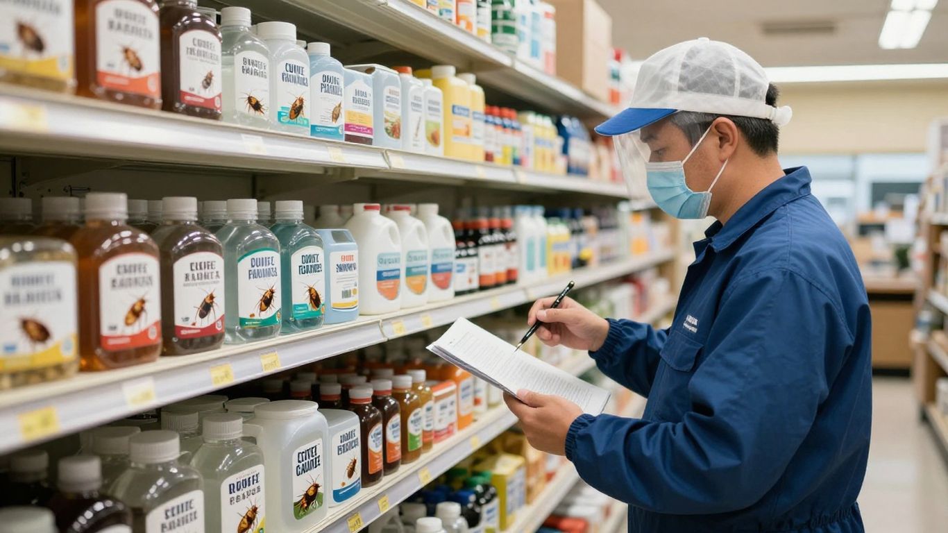 Pest control inspecting retail space for cockroaches.